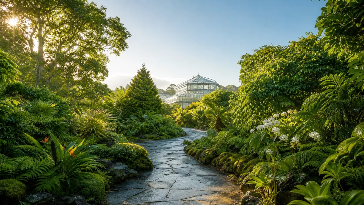 Vegetație bogată și un pârâu în Grădina Botanică din Cluj-Napoca