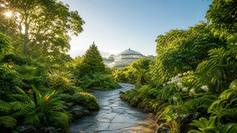 Vegetație bogată și un pârâu în Grădina Botanică din Cluj-Napoca