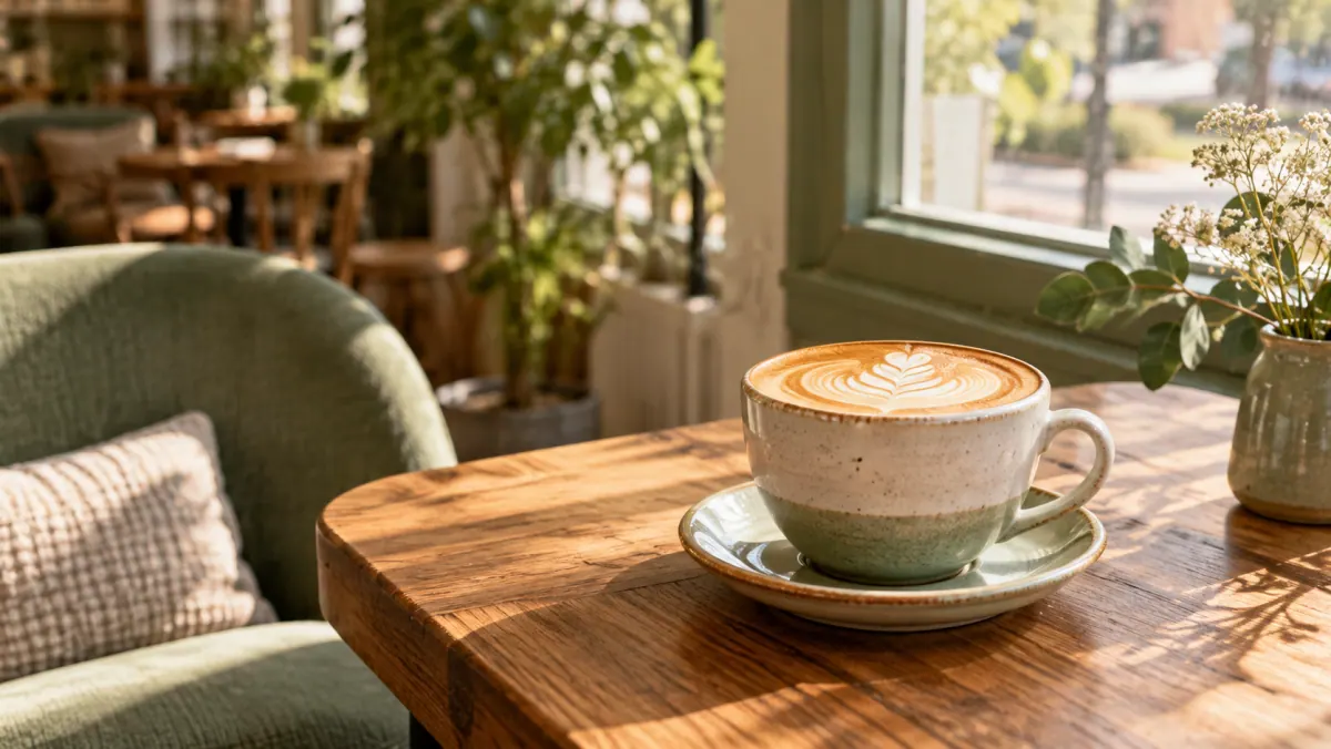 Cappuccino cu latte art într-o ceașcă de ceramică, pe o masă de lemn lângă fereastră, într-o cafenea luminoasă